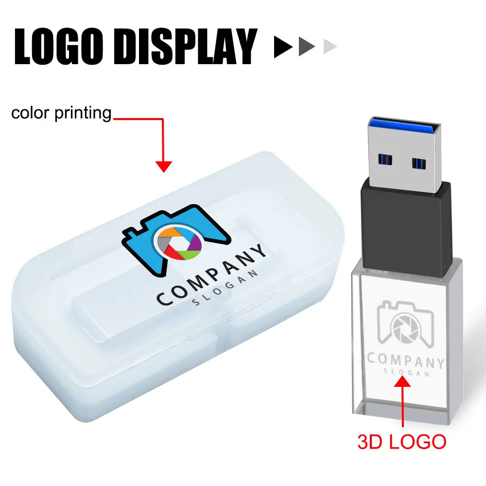 10pcs/Lot usb flash pen drive2.0 Crystal sticks print box free logo 4GB 8GB 16GGB 32GB 64GB 128G transparent glass Gift pendrive