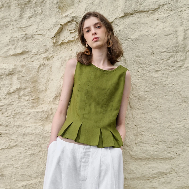 

Summer Linen Women's Pleated Linen Tank Top Chic New Loose Tops Casual Breathable Sleeveless Womens Tops ropa mujer