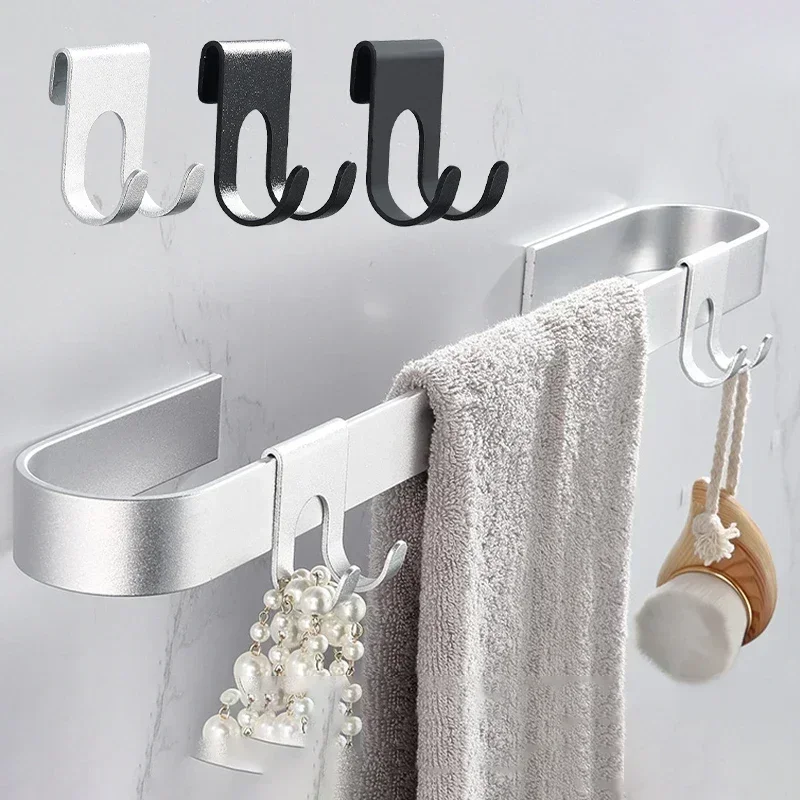 Bathroom Aluminum Hook Punch Free Wall Mounted Hook Towel Shower Glass Door Shelf Bag Hook Storage Organizer Accessories Tools