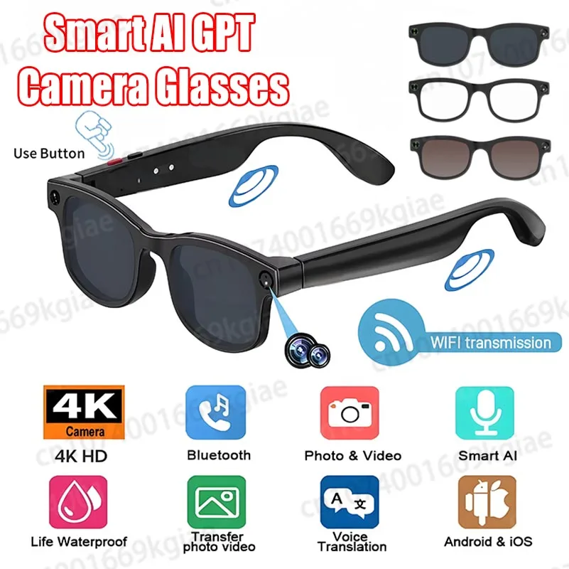 

4K HD AI Smart Glasses Chat GPT Видеозапись Bluetooth Вызов Аккумулятор 260 мАч Голосовое управление Hands-Free для путешествий, встреч, класс Новый