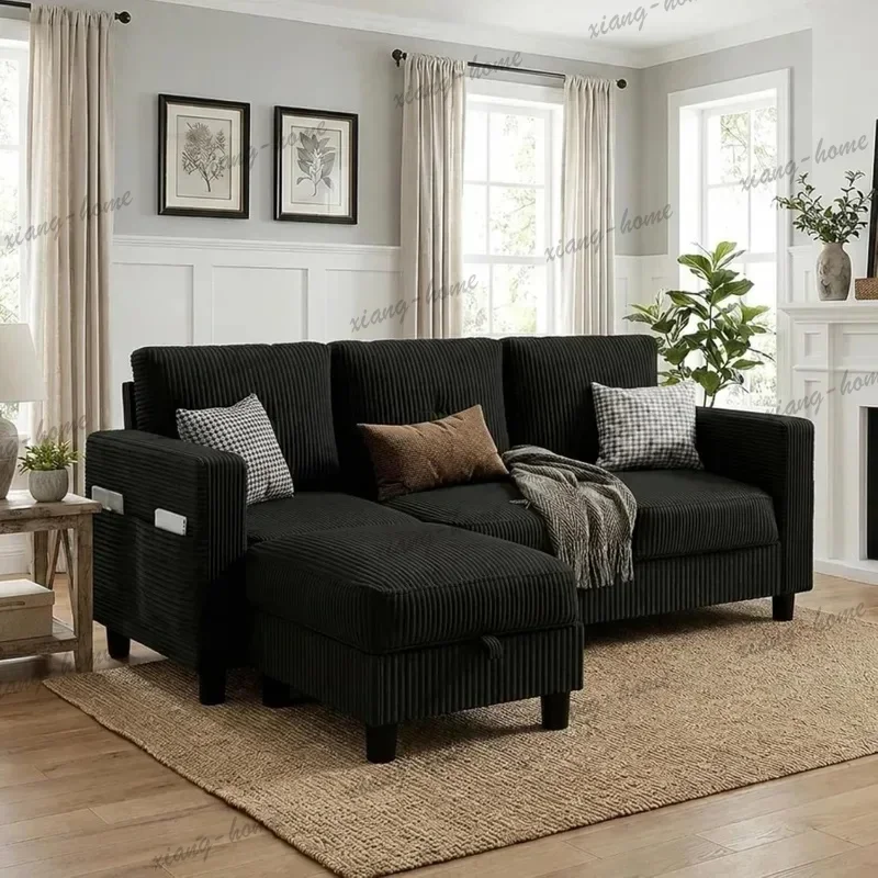 FG High Quality 77 Inch L‑Shaped Corduroy 3 Seat Convertible Sectional Sofa with Storage Ottoman for Living Room