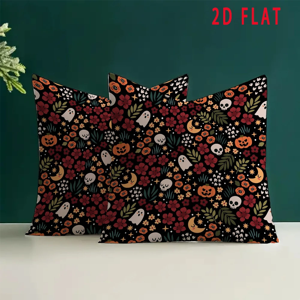2pc Halloween Floral Ghost Skull Pumpkin Throw Pillow Covers, Set of 2 2D Flat Spooky Home Decor Cushion Cases
