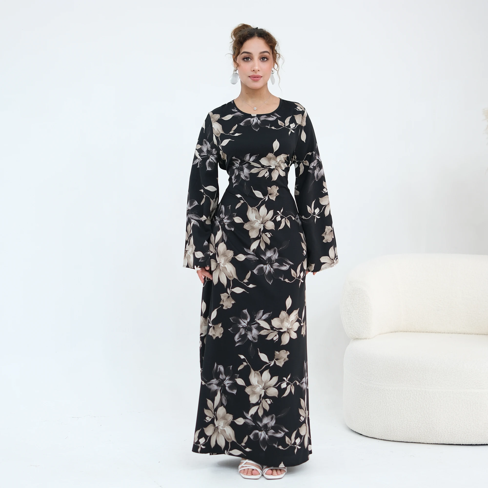 Floral Print Back Lace-Up Regular-Fit Long Flared Sleeve Lightweight Muslim Abaya Long Women Dress Evening Party Eid Hijabi Robe