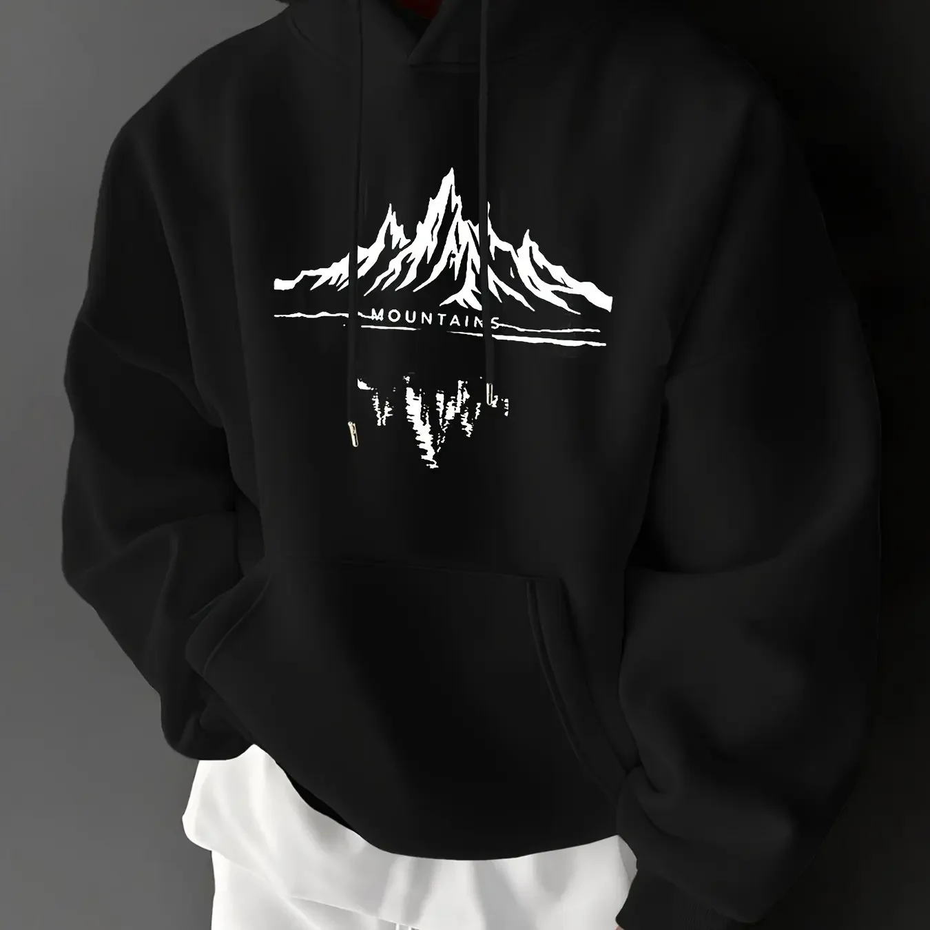 Men Minimal Mountains Reflection Chest Print Hoodie Loose Pocket Pullover Outdoor Hiking Streetwear Unisex Sweatshirt
