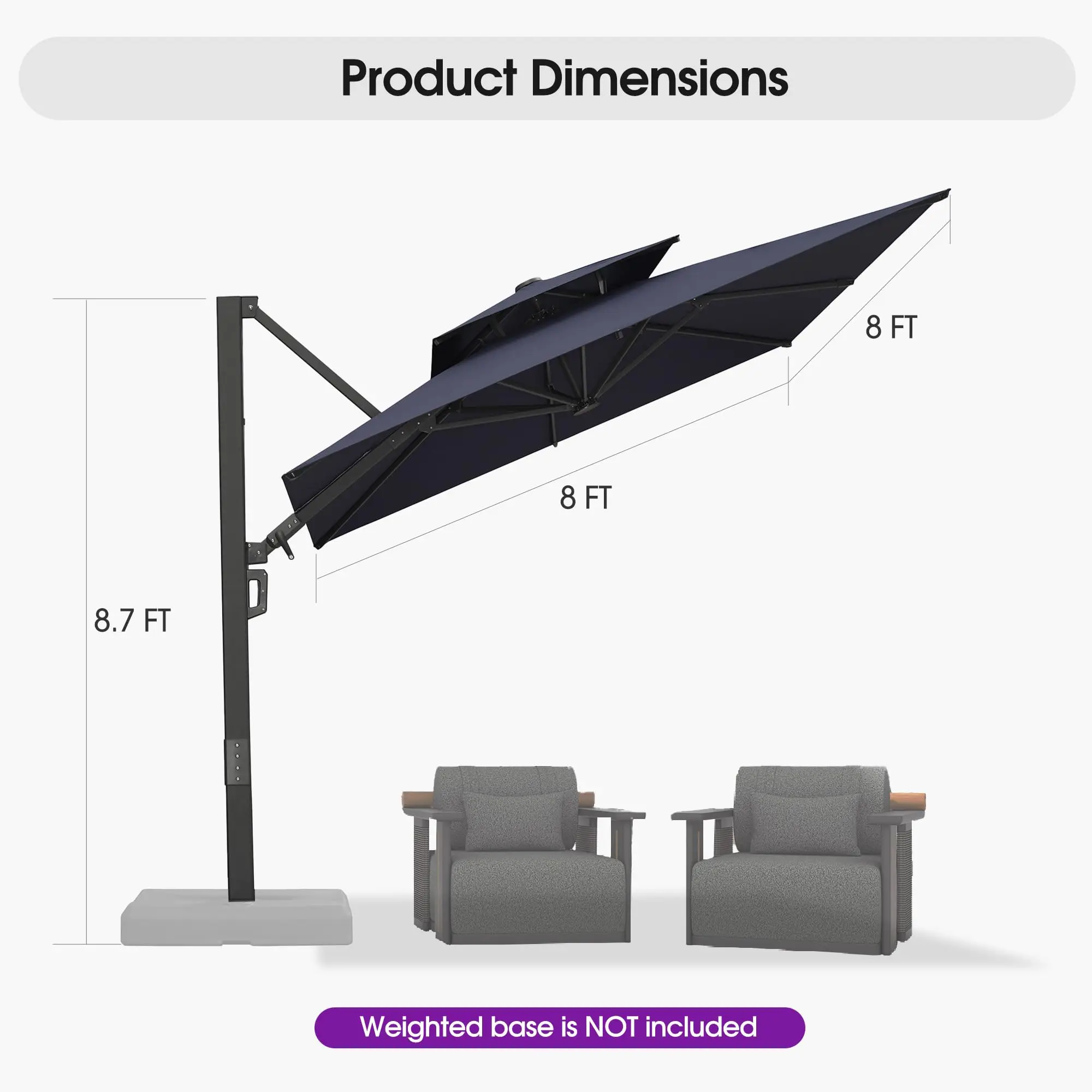 Patio Cantilever Umbrella 8' X 8' 360 Rotation, Navy Blue
