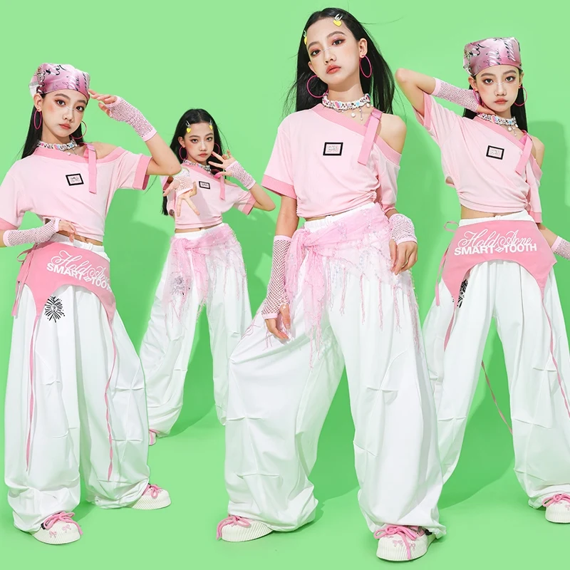 

Kpop сценический наряд для девочек, одежда для джазовых танцев, розовый укороченный топ, белые брюки-тафла, модная одежда для показа, уличная одежда 2348