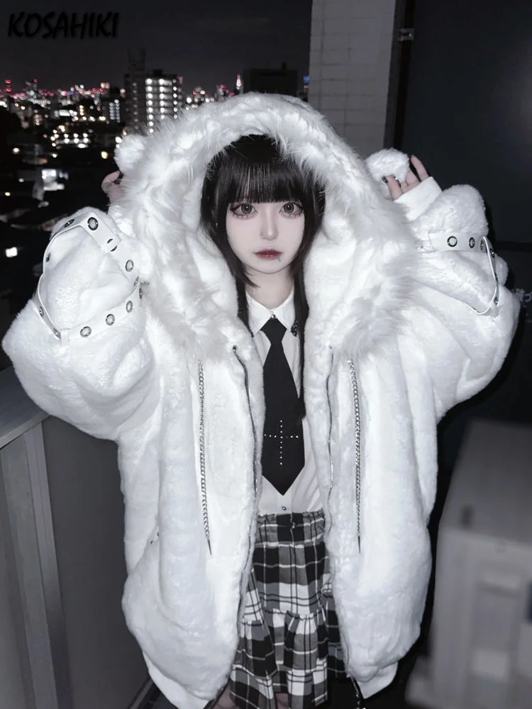 Retro Simulation Fur Plush Casual Hooded Jacket Solid Color Winter Women's Harajuku Y2k Aesthetic Jacket Grunge Pocket