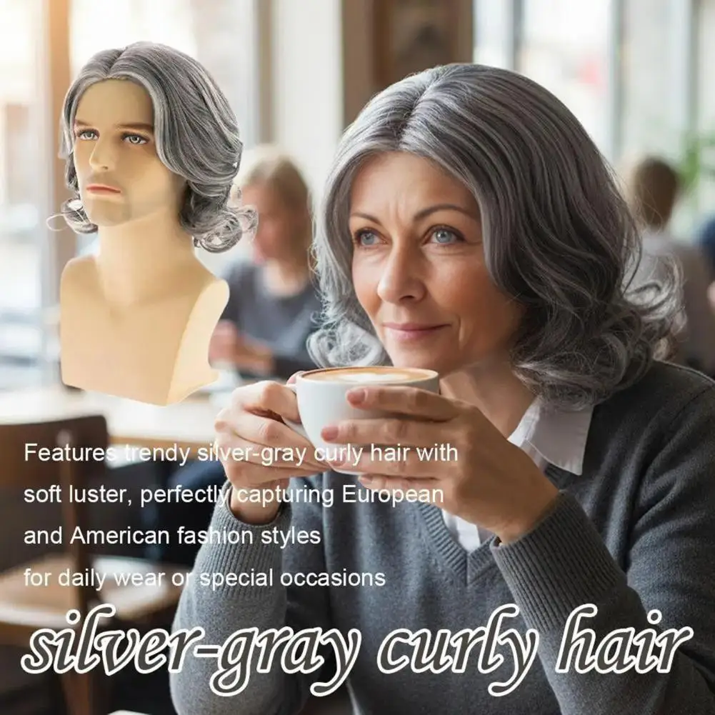 

35 см короткий вьющийся серебристо-серый парик с боковой челкой, естественный вид, пушистый костюм на Хэллоуин, вечерние, унисекс, короткий волнистый синтетический парик