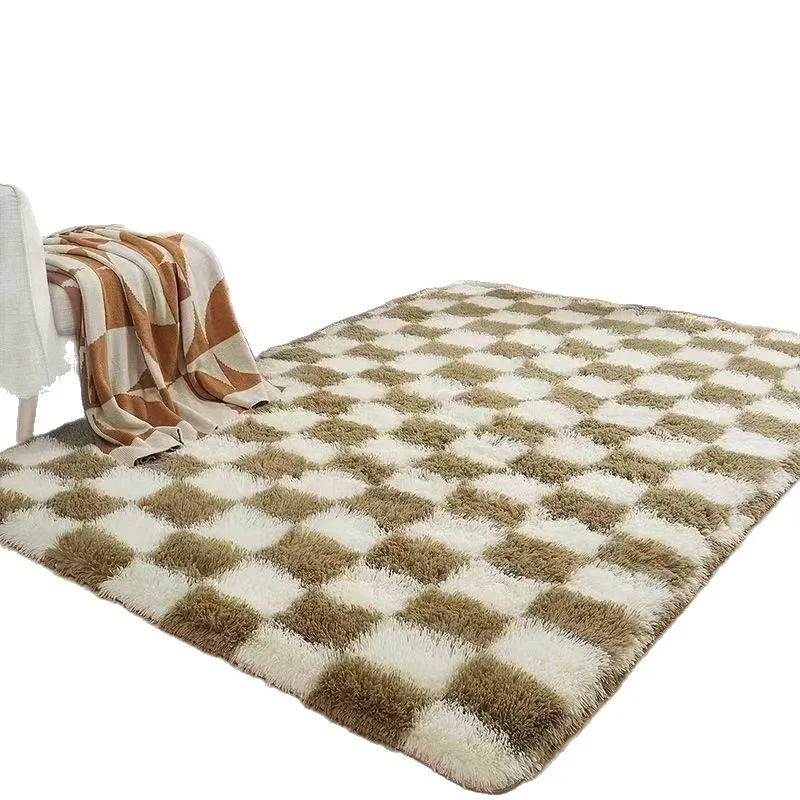Silk wool carpet, long-haired living room black and white grid, dirt-resistant and easy to take care of, large-area pad