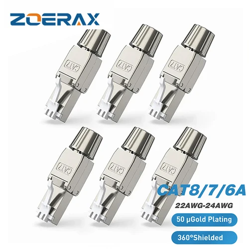Conector ZoeRax Cat8 Cat7 Cat6A RJ45, enchufe de terminación Ethernet blindado sin herramientas para cable Ethernet S/FTP sólido a granel