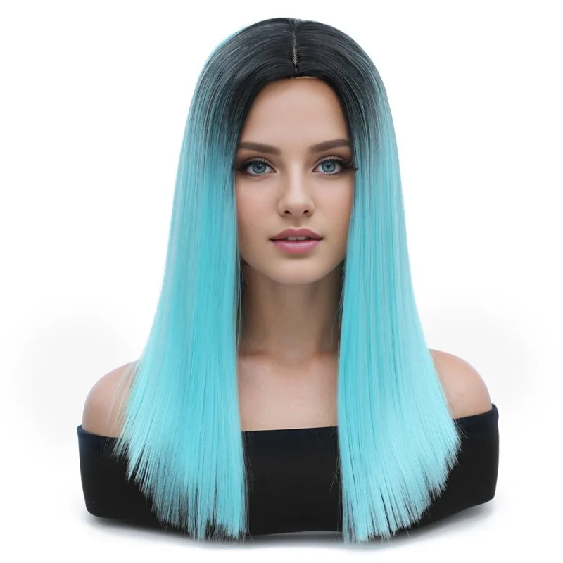 วิกผมทรงบ๊อบตรงยาวสีไล่ระดับสำหรับฮาโลวีน แต่งตัวแนวเซ็นเตอร์พาร์ติ้ง วิกผมตรงหลากสีสำหรับคริสต์มาส