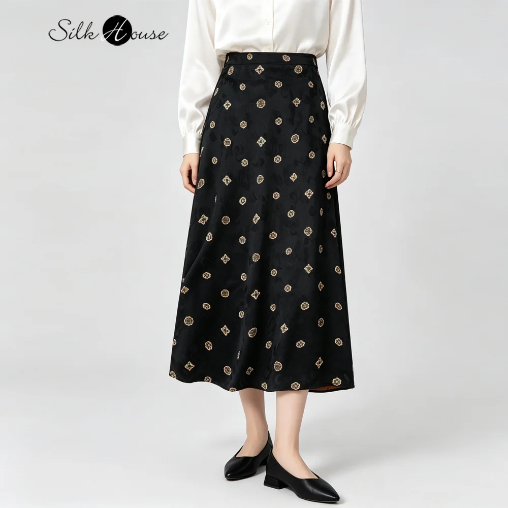 

2026 Women's Fashion New Black Printed 100% Natural Mulberry Silk Gambiered Guangdong Gauze Elastic Waist Split Hip Skirt