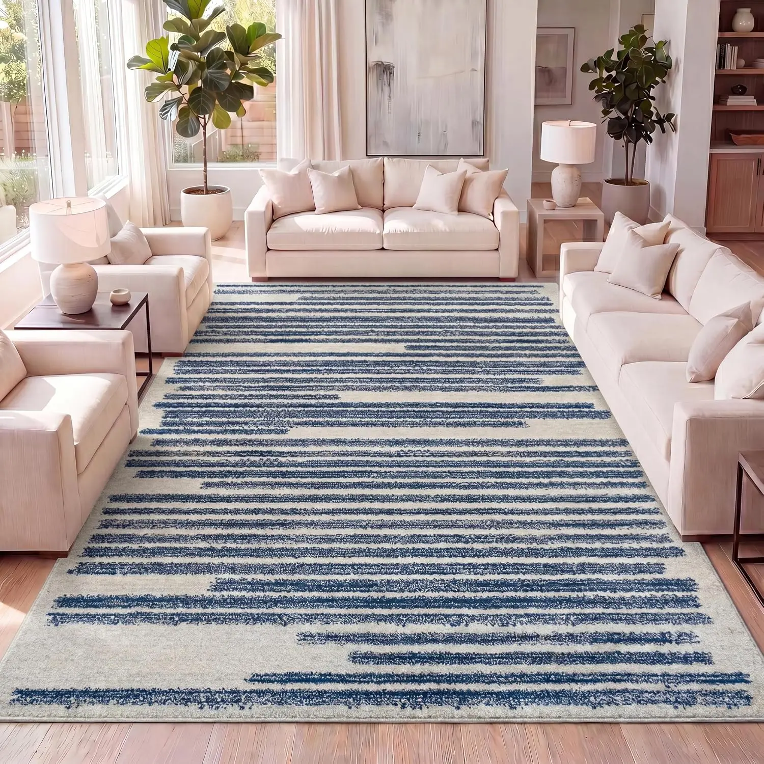 1pc 2D Flat Abstract Blue Brush Stroke Striped Printed Floor Mat, Decorative Rug for Living Room, Bedroom, Kitchen, Home Decor