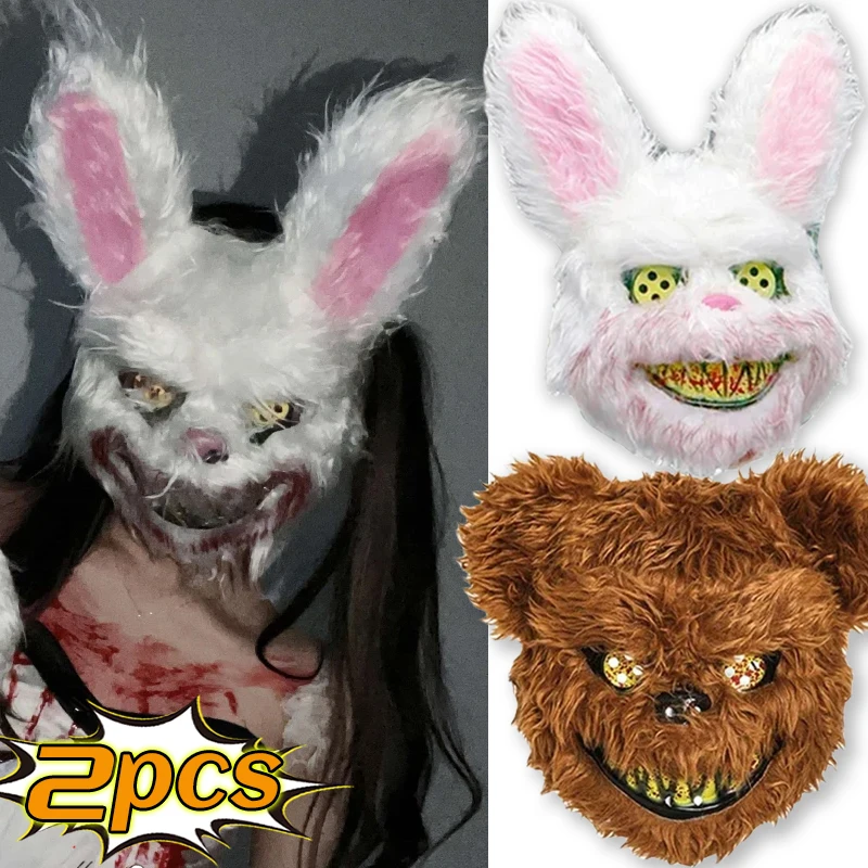 

Bloody Plush Bunny Mask Halloween Carnival Party Realistic Bloody Bear Headgear Ghost House Performance Prop Horror Rabbit Masks