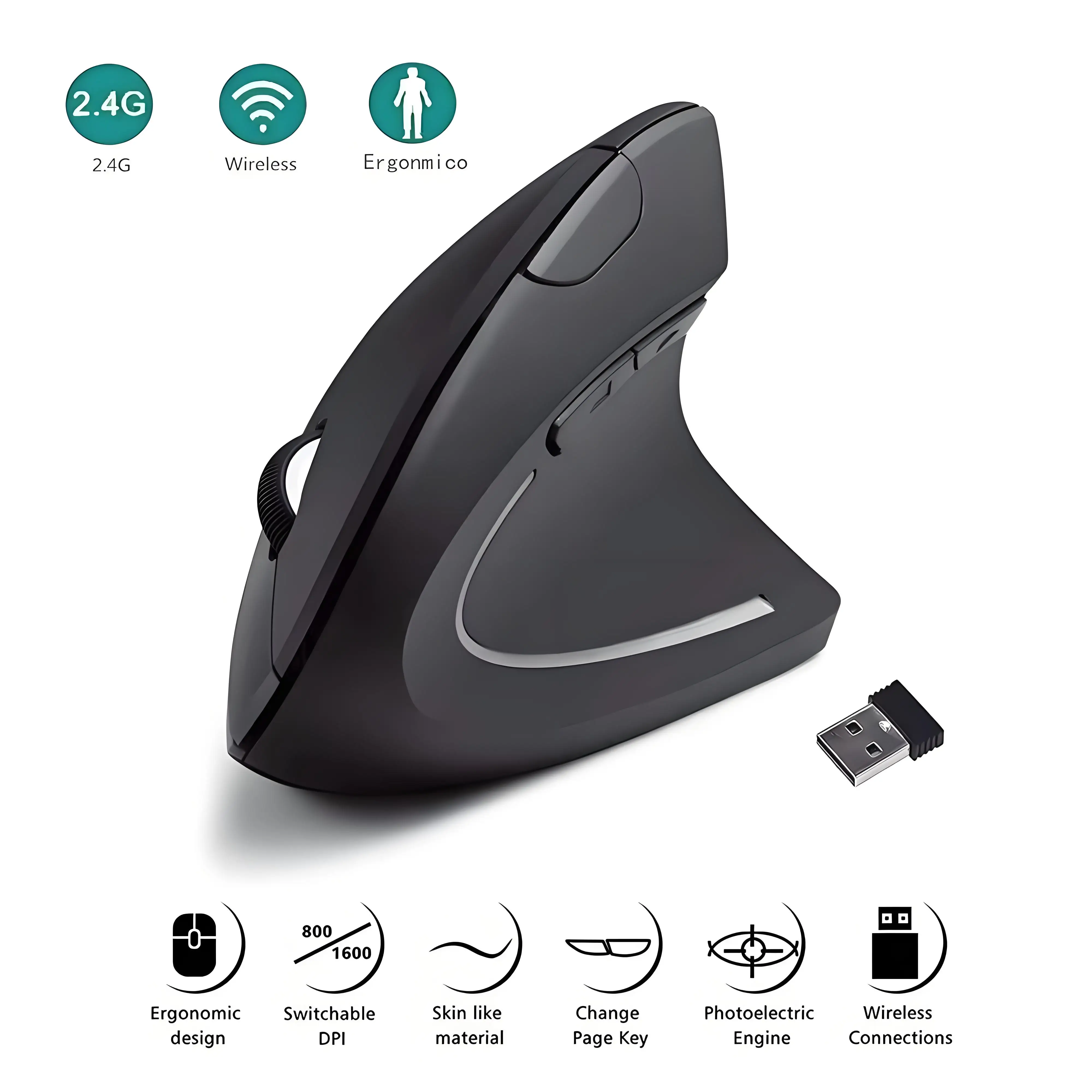 Vertical Mouse Ergonomic 2.4GHz Wireless Optical Mice 3 Adjustable DPl800/1200/1600 6 Buttons for Laptop PC Computer Desktop