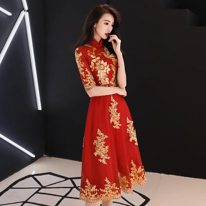 Chinese stijl bruid trouwjurk elegant borduurwerk tule vrouwen jurk avond feestjurk klassieke mandarijn kraag vestidos 3XL