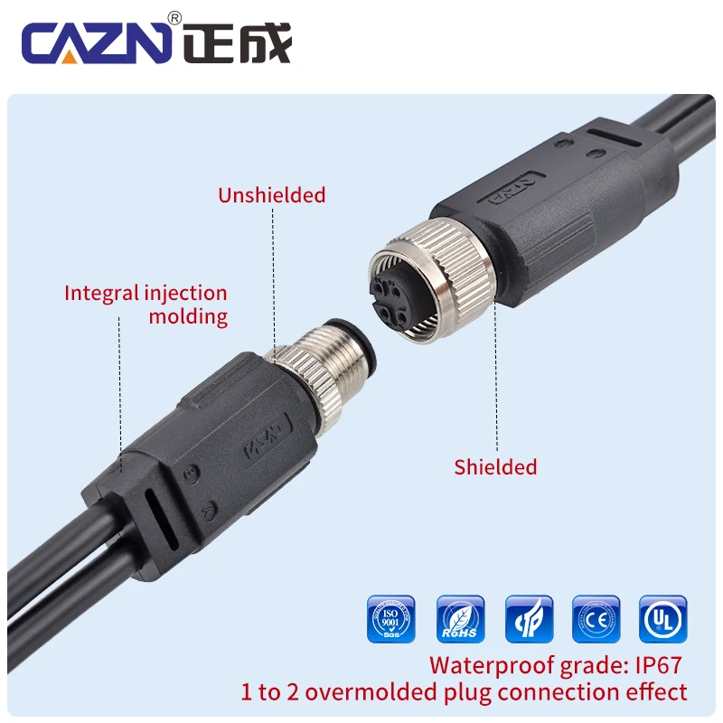 1 to 2 Way M12 Unshielded Splitter Cable Male to Female 2 3 4 5 6 8 12 17 Pin 1/2/5m PVC IP67 Waterproof for Sensor & Automation