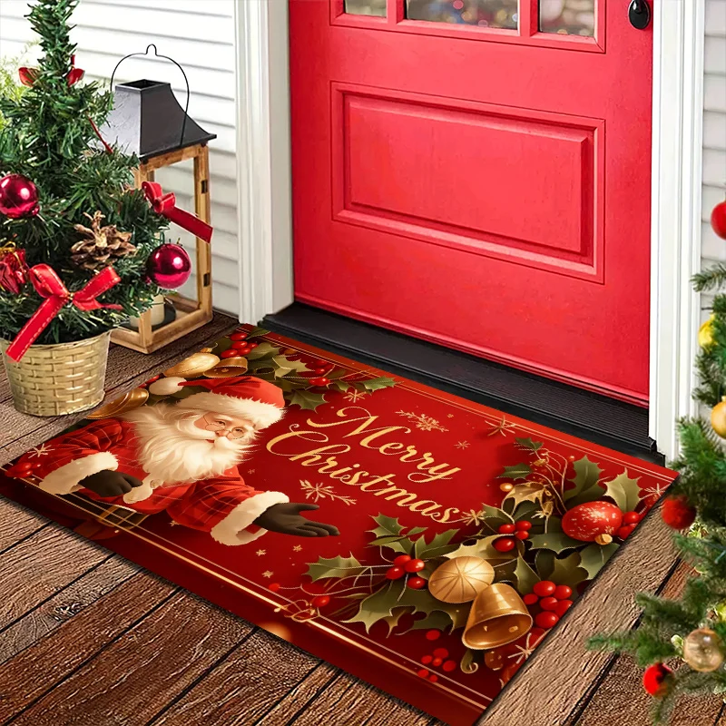 VIKAMA Christmas Doormat Non-Slip Front Door Rug Washable Indoor Outdoor Xmas Santa Holly Berry Winter Entrance Decor Mat
