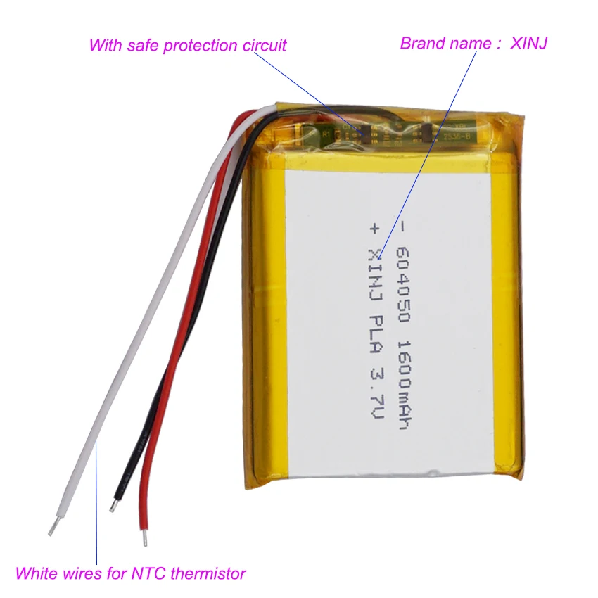 3.7V 1600mAh 5.55Wh Rechargeable Lipo Li ion Battery NTC 3 Wires for Thermistor JST 3Pin 1.0/1.25/1.5/2.0/2.54mm plug 604050