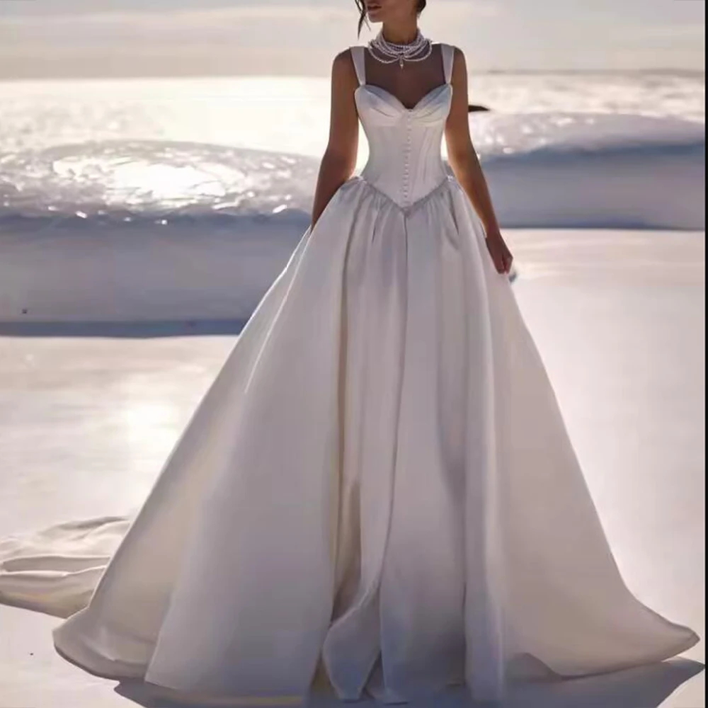 Modern Corset Wedding Dresses Ruched A-Line Square Neck Button Evening Dress Elegant Ivory Train Backless Party Gowns Customized