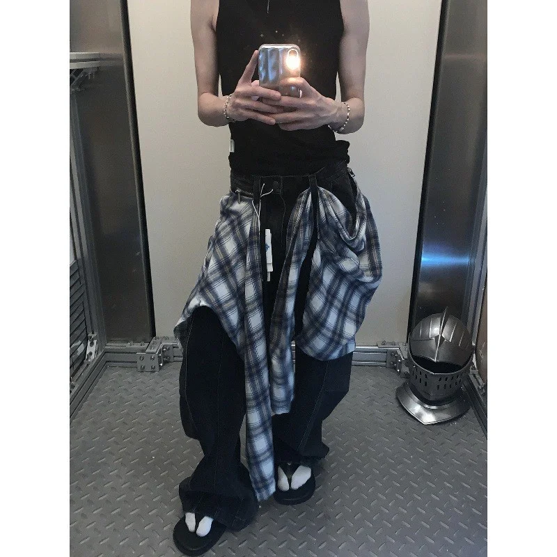 

Retro American Plaid Skirt Loose Men's Jeans Street Sle High Waist Tearable Butt Curtain Casual Straight Leg Fit Jeans