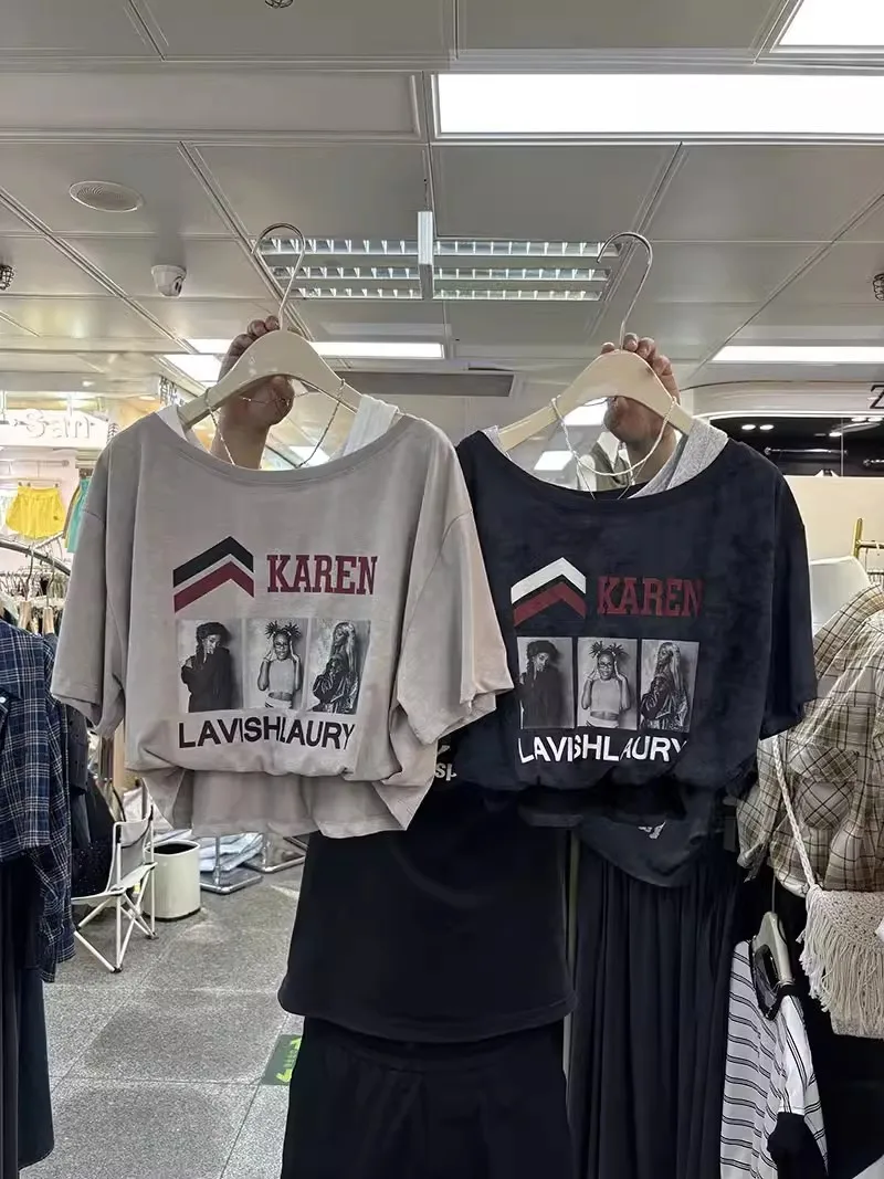 

Новая летняя женская футболка с коротким рукавом, имитация двухслойности, с американским принтом, свободного кроя, для повседневной носки