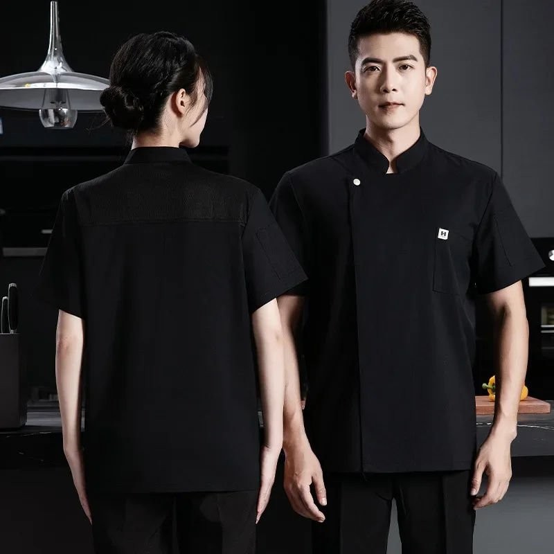 Neue hochwertige elastische Chef-Kurzarm-Arbeitskleidung Sommer dünne atmungsaktive Herren schwarz-weiße Catering-Kochkleidung