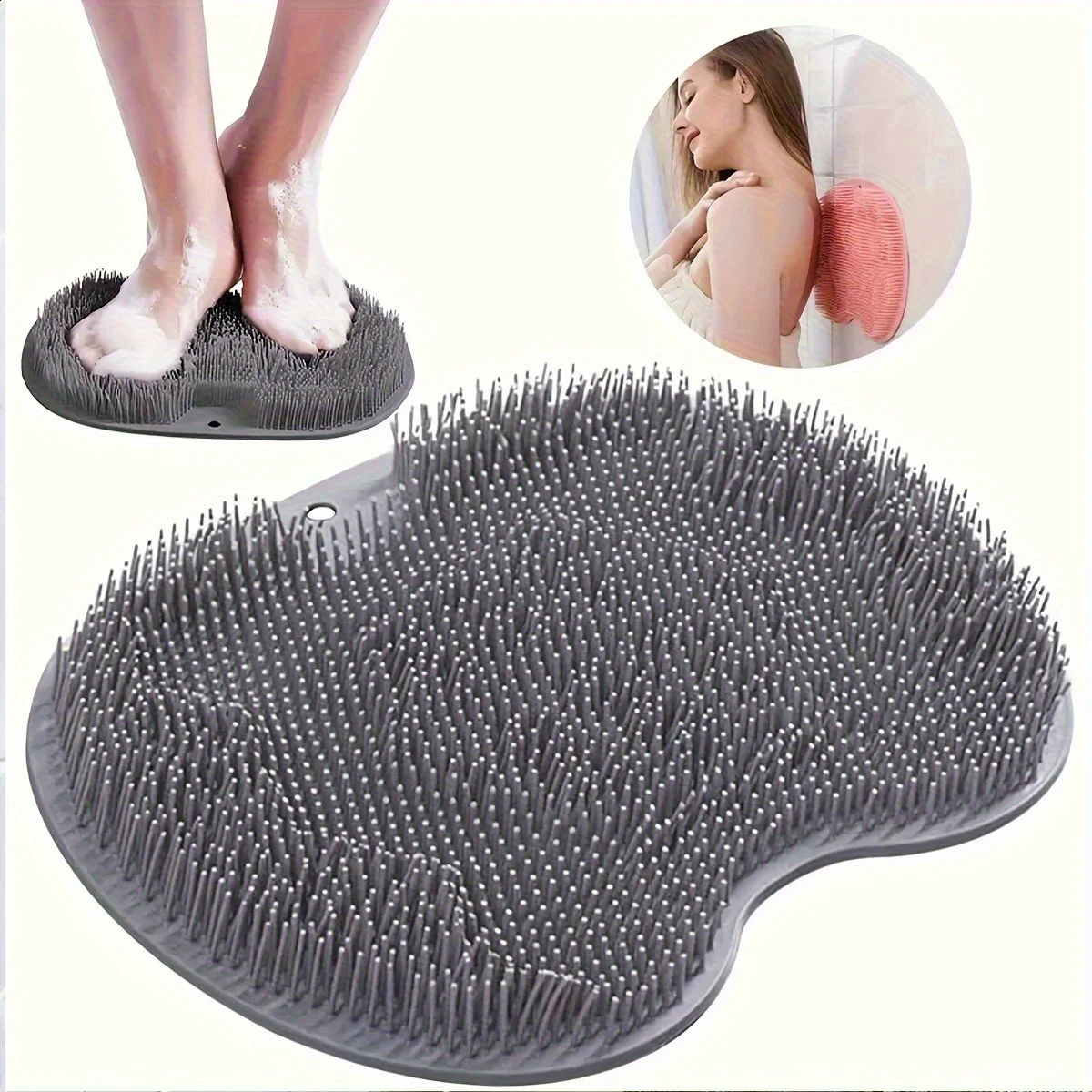 2/1 Individual Hands-Free Shower Foot and Back Bath Mat with Anti-Slip Suction Cup Wall-Mounted Silicone Bathroom Foot Mat Exfoliating Light Beige Foot Brush
