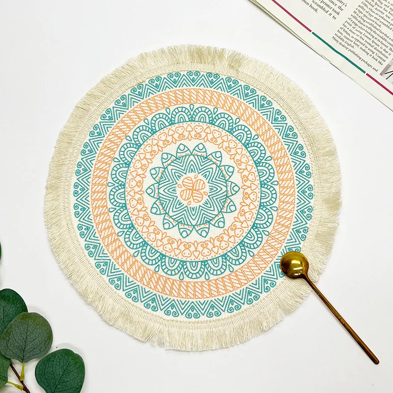 Bohemian Tassel Cotton Cup Coasters Nordic Woven Fabric Round Pads Heat Resistant Non-slip Mats for Mugs