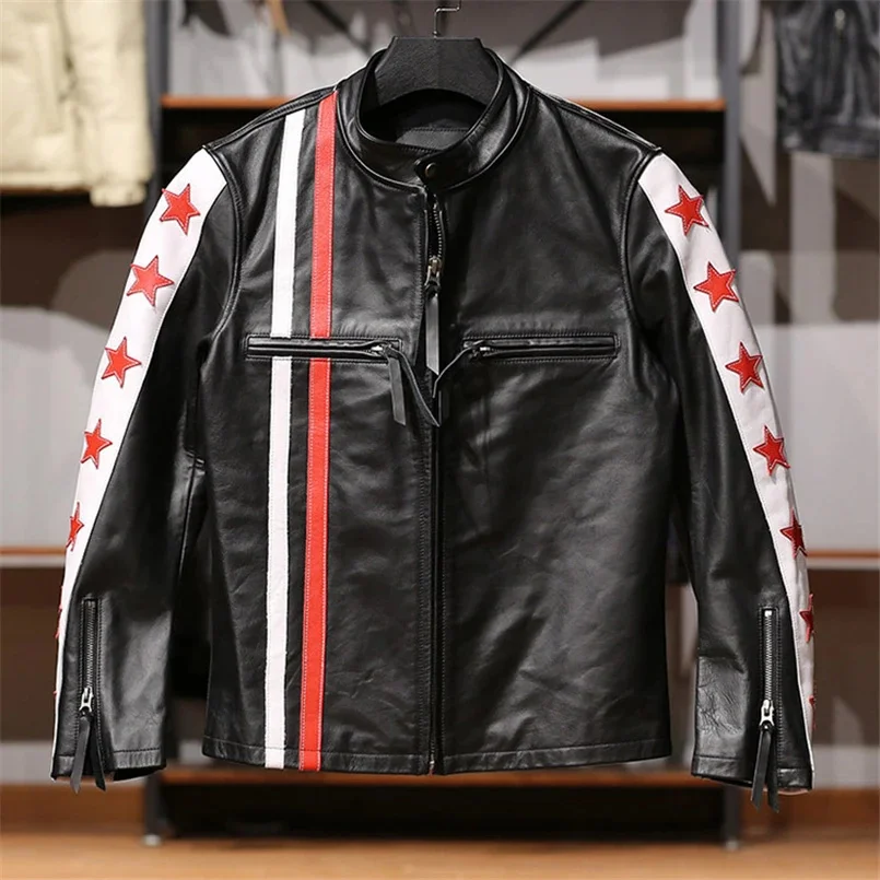 

DHL Free Shipping,Men's Knight J100 Genuine Leather Jacket Stand Collar Red Stripe Five Star Dutch Cowhide Spring Autumn Coat