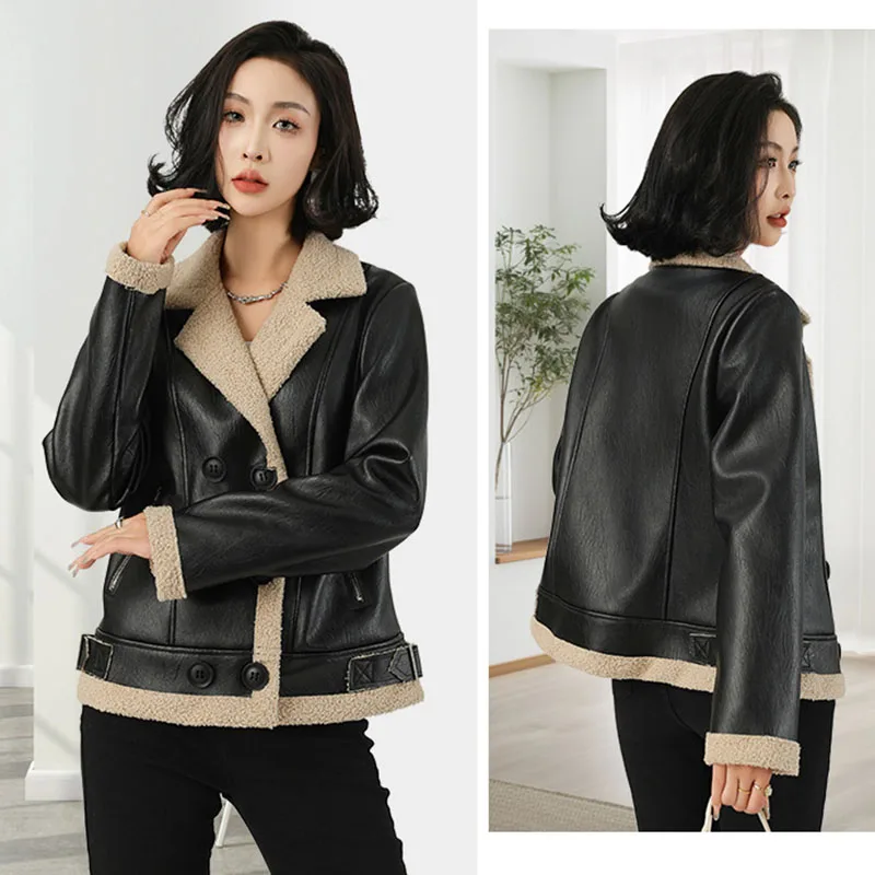 الخريف الشتاء المرأة سميكة الدافئة جاكيت من الصوف موضة مزدوجة الصدر بولي Leather الجلود أبلى كم طويل أفخم التلبيب معطف قصير