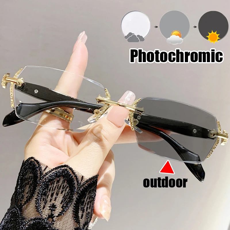 

Luxury Diamond Cutting Finished Color Changing Far Sight Sunglasses Vintage Anti Blue Light Prescription Reading Glasses Diopter