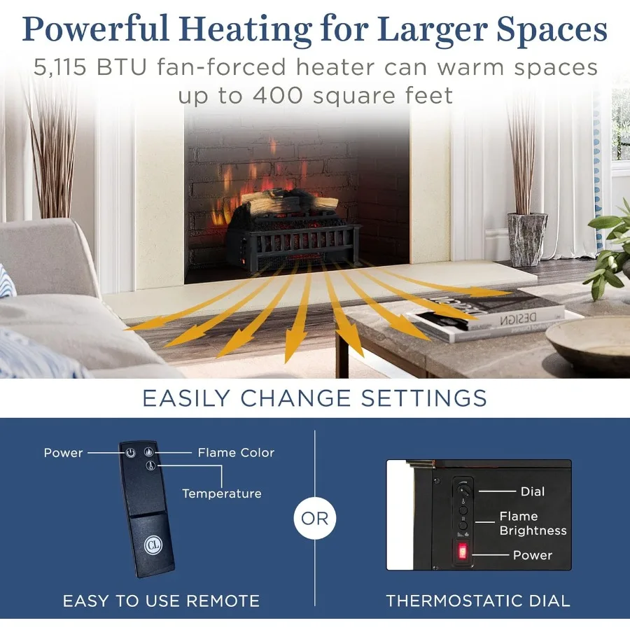 سجلات الموقد الكهربائية 20 حشوات الموقد الكهربائية LED مع سخان الأشعة تحت الحمراء سخان كهربائي يتسخن حتى 400 متر مربع. قدم. ريموت سي