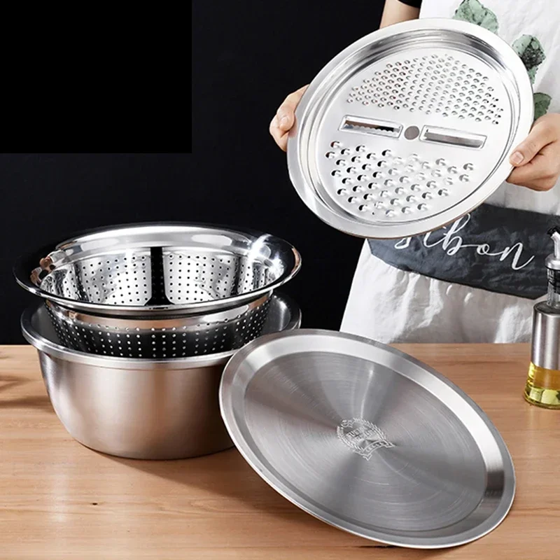 4PCS Set 304 Stainless Steel Bowl with Lid Kitchen Cooking Salad Mixing Bowls Set Washing Drain Basket Soup Basin Strainer