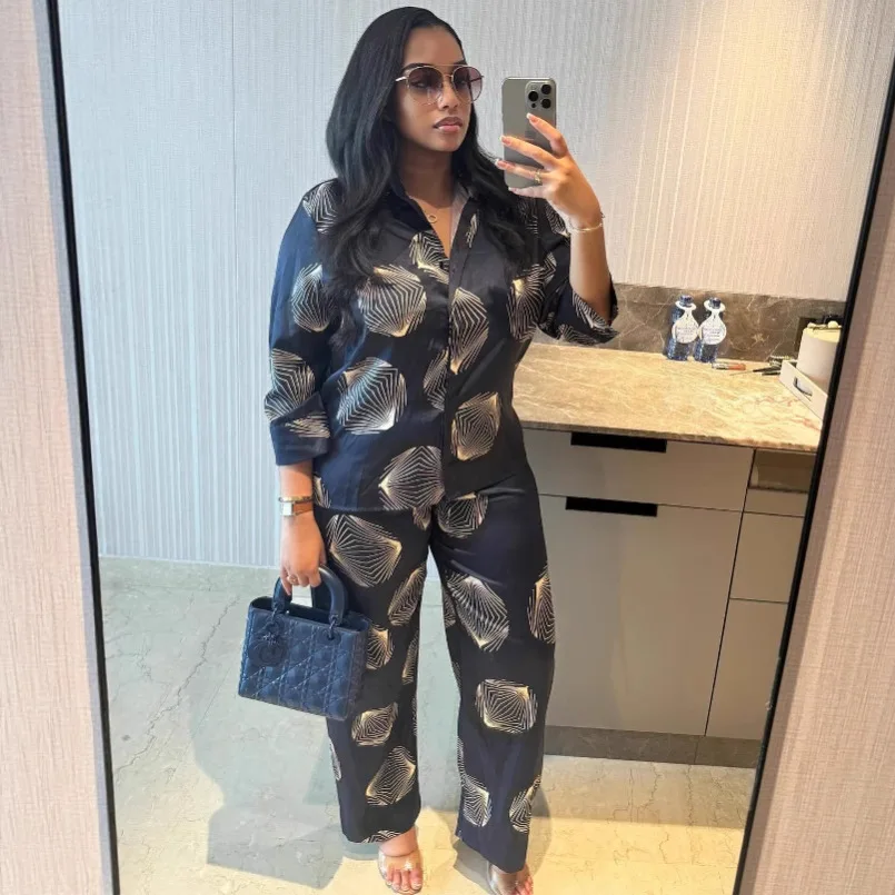 

European and American style new fashion printed shirt women's clothing large size foreign style trousers two-piece set
