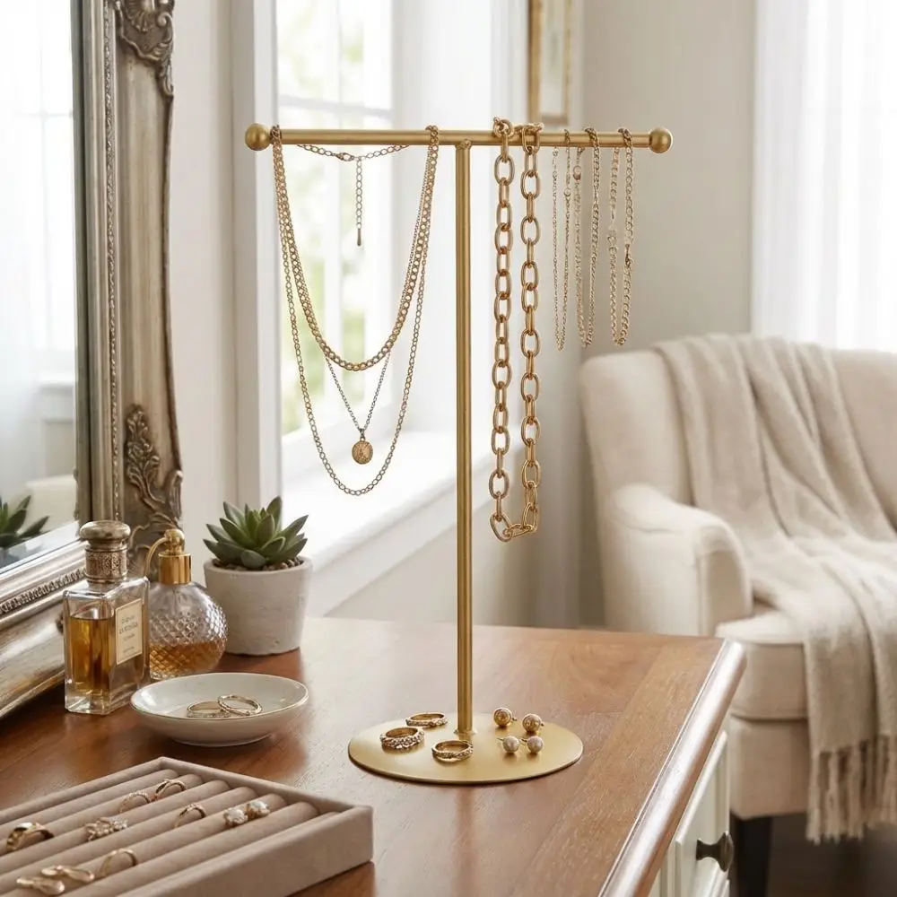 Metal Frame Jewelry Display Stand Round Base Single Layer T-Shaped Stand Space Saving Horizontal Bar Jewelry Storage Rack