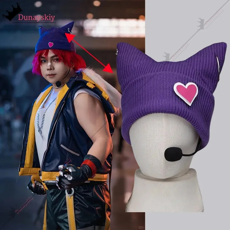

COSda@Game LOL Sett Heartsteel Cosplay Hat Woman Personality Hip Hop Fashion Purple Knitted Hat Halloween Party Role Play PropsC