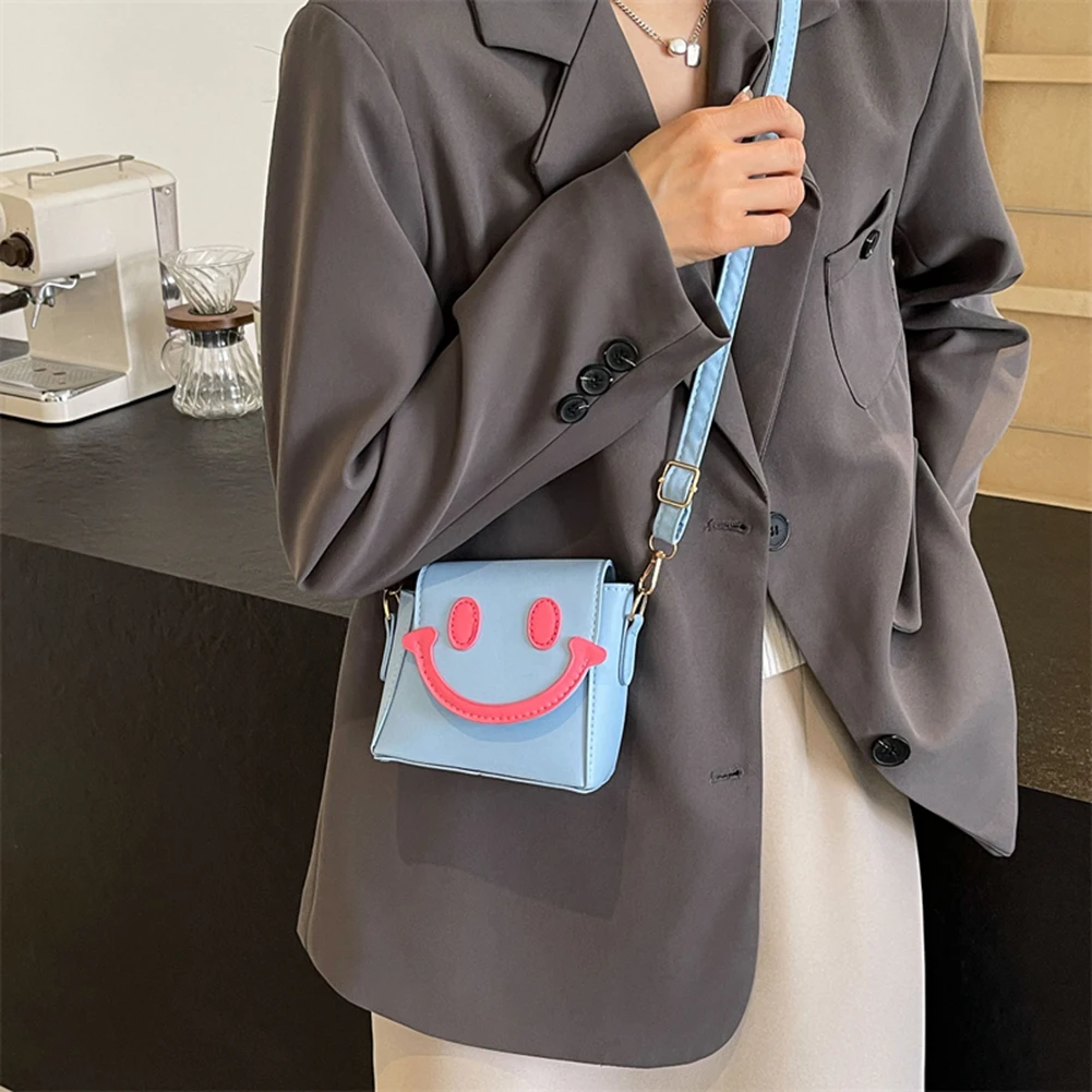 Women Mini Crossbody Bag PU Leather Smile Face Coin Purse Contrast Color Fashion Satchel Bag Girls Outdoor Bag