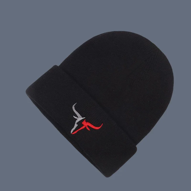 Bull head embroidered knitted hat embroidered acrylic autumn and winter pullover cap