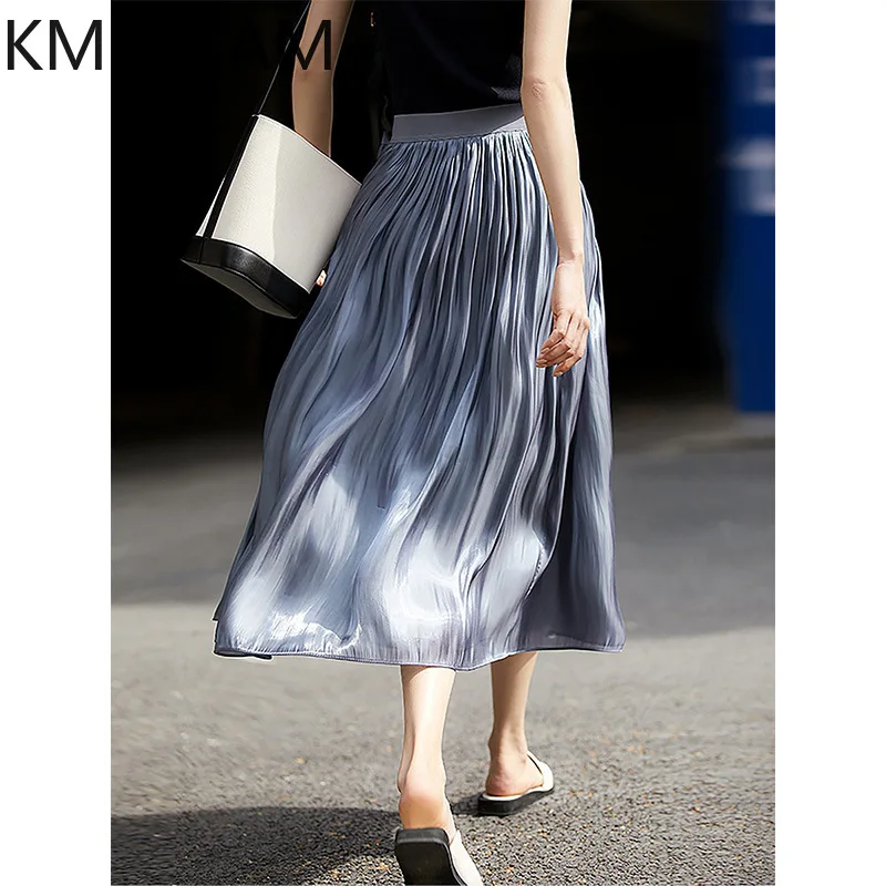 KMETRAM Elegant Women's Skirts Shiny Pleated Midi Skirt Elastic Waist Flowy Summer Skirts 2026 Premium Woman Clothing cutecore