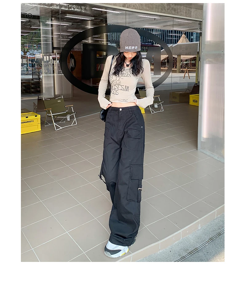 Shascullfites Damen Retro American High Street Weitbein-Overalls Lässige Hose mit Taschendesign Trendige Mode – Detail 16