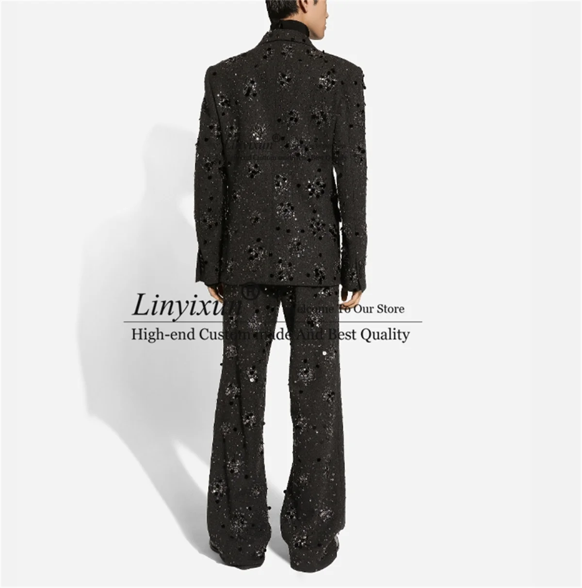 Glitter Sequins Beaded Mens Suits Double Breasted Wedding Groom Tuxedo Formal 2 Pieces Sets Male Blazer Customized Costume Homme