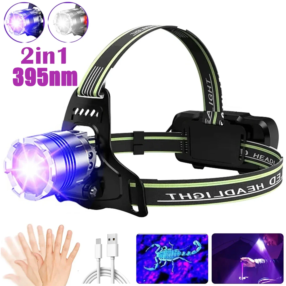 White+UV Headlamp 395nm Sensor LED Headlight Zoomable USB Rechargeable Head Lamp Ultraviolet Hunting Fishing Camping 18650 Light