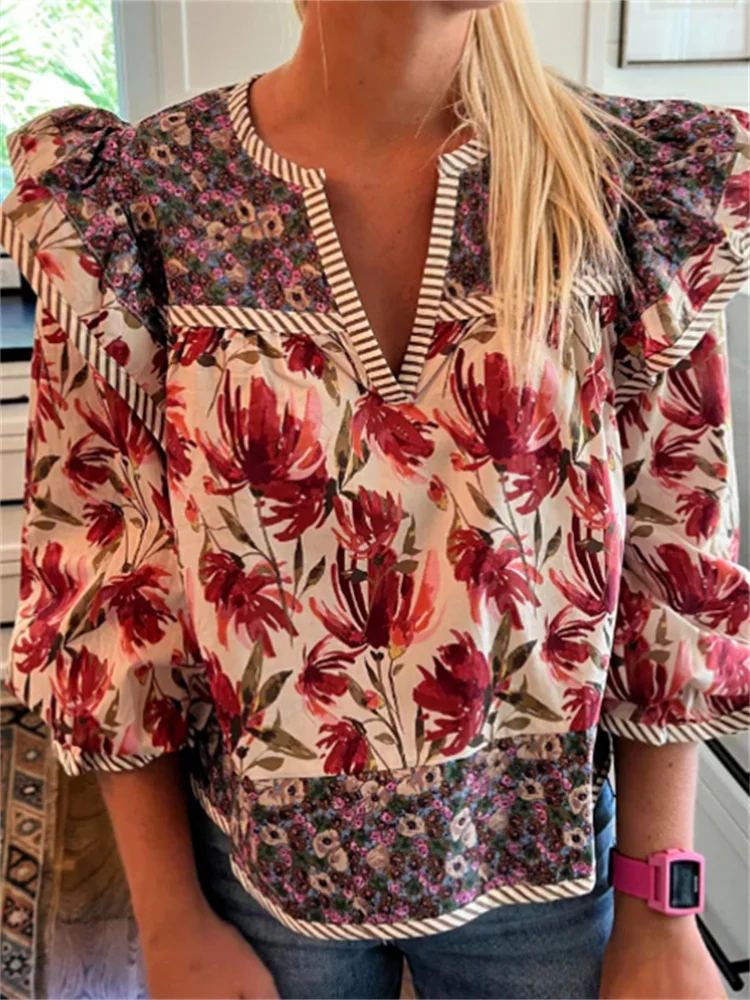 

CHRONSTYLE Women Spring Autumn Casual Shirts Tops Long Sleeve Ruffles V Neck Loose Fit Floral Print Blouses Club Streetwear 2025