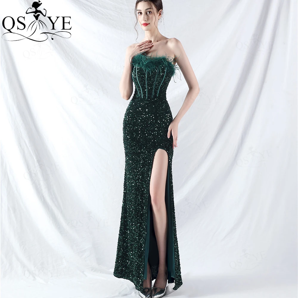 

Sequined Emerald Green Prom Dress Off Shoulder Ostrich Boned Bodice Basque Evening Gown Slit Shiny Lace up Back Party Girl Dress