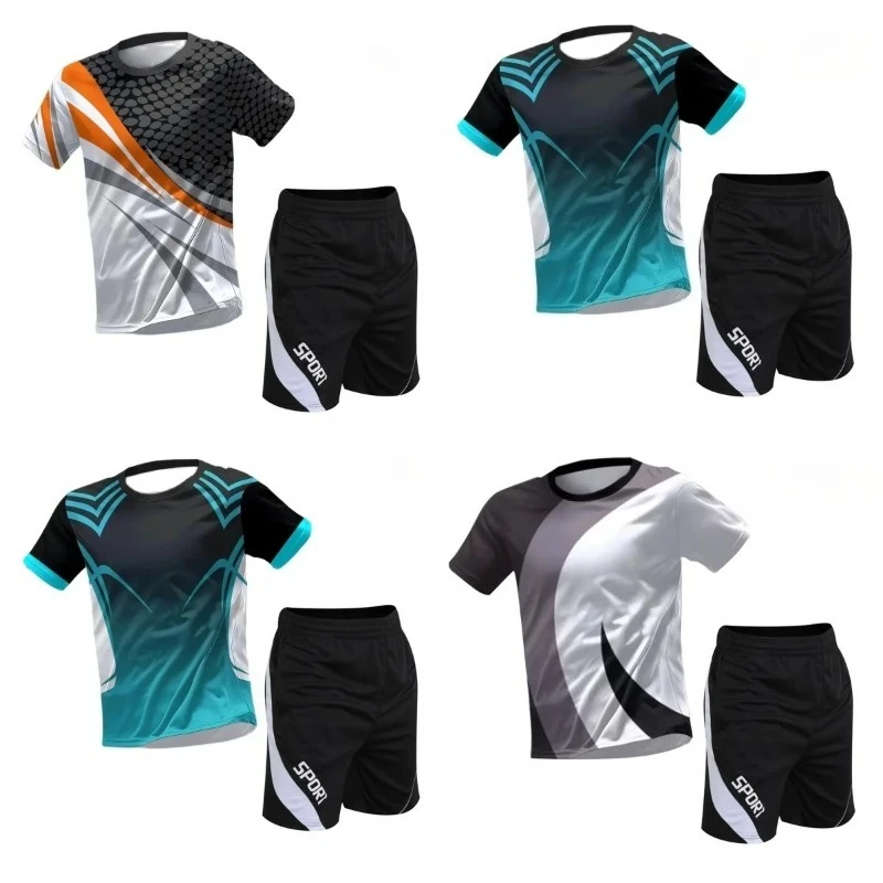 

2025 Summer New 3D Printed Men's Set Round Neck Short Sleeve Shorts Two Piece Fitness Tennis Sportswear