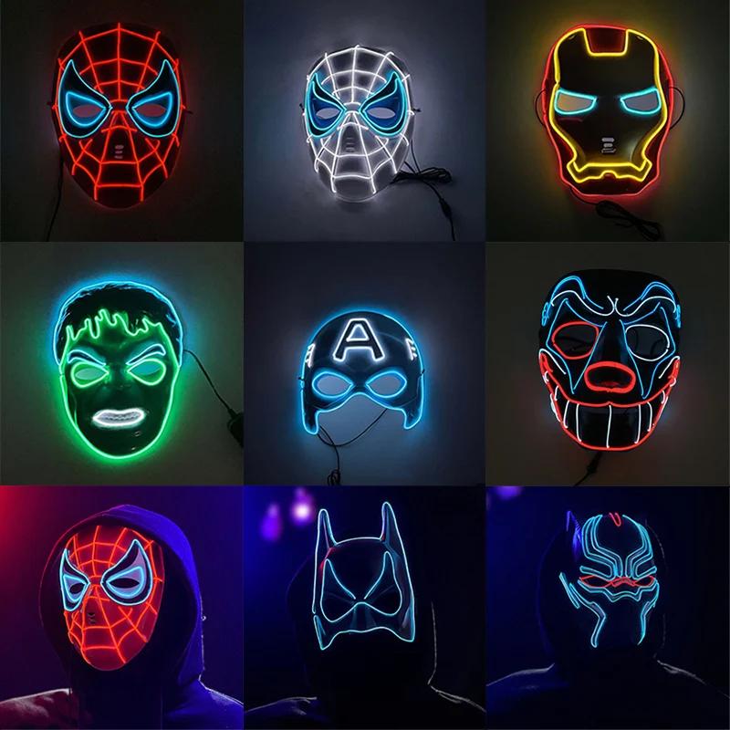 شخصيات الرسوم المتحركة المنتقمون ضوء بارد LED قناع مضيئة الرجل الحديدي سبايدرمان الهيكل كابتن أمريكا خارقة تأثيري لعب الأطفال #1