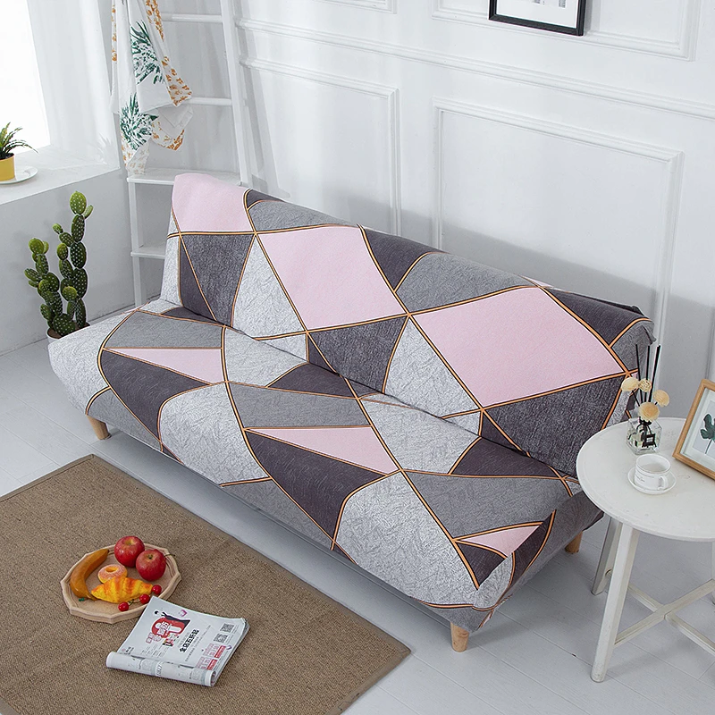 1pc Stretch Sofa bed cover, Pink Gray Geometric Print Elastic Couch Cover for Living Room, Washable Modern Furniture Protector