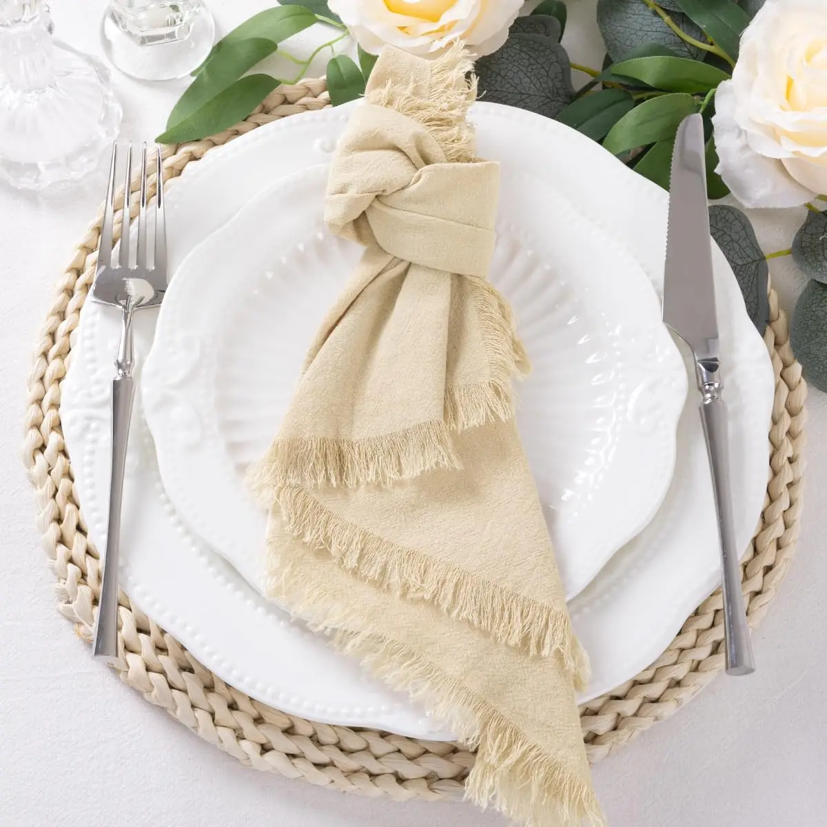 10PCS 32x32cm Handmade Cotton Cloth Napkins with Fringe, Delicate Rustic Retro Decorative Table Napkins for Wedding/Dinner/Party