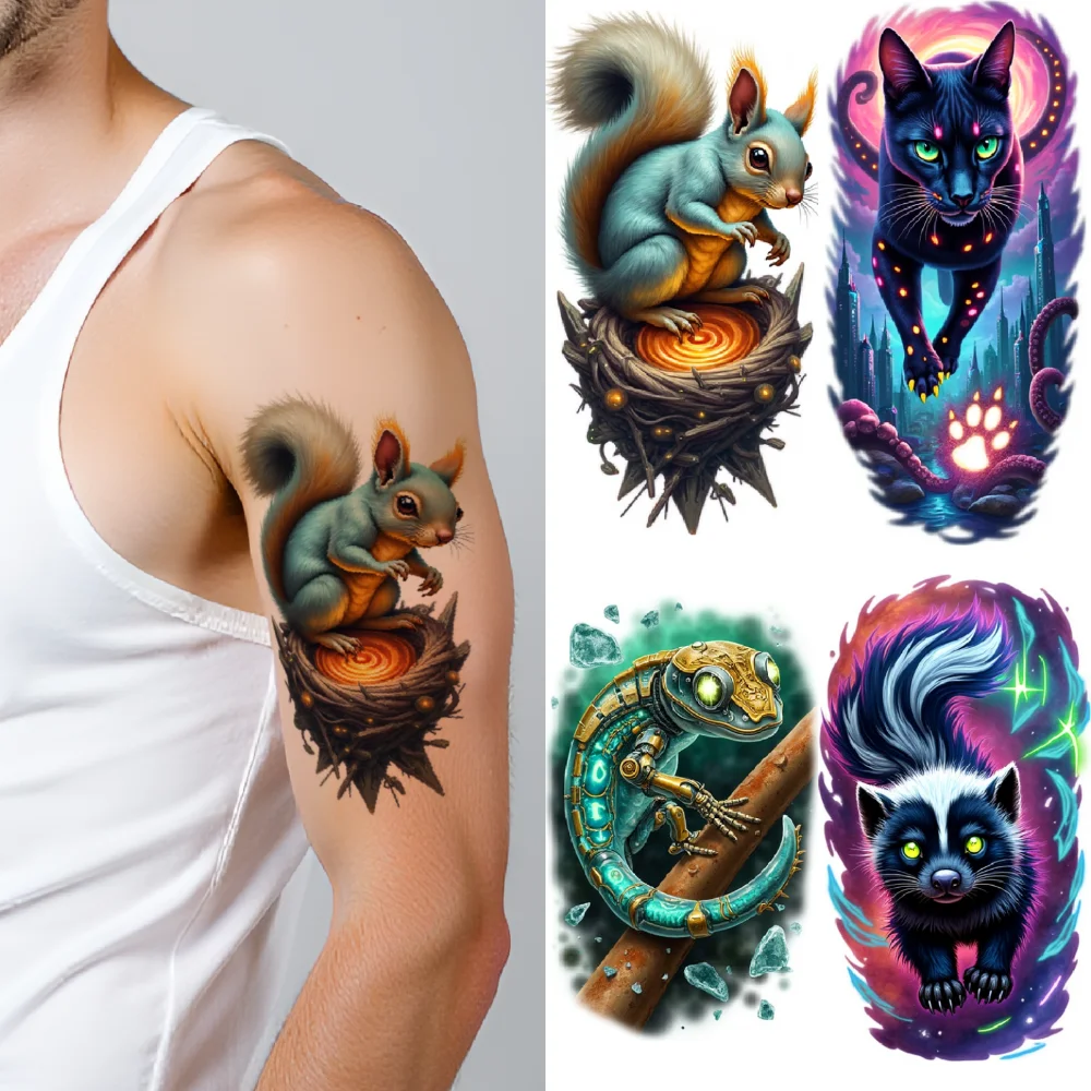 

3pcs Temporary Tattoo Colorful Realism Mouse Bat Squirrel For Men Women Back